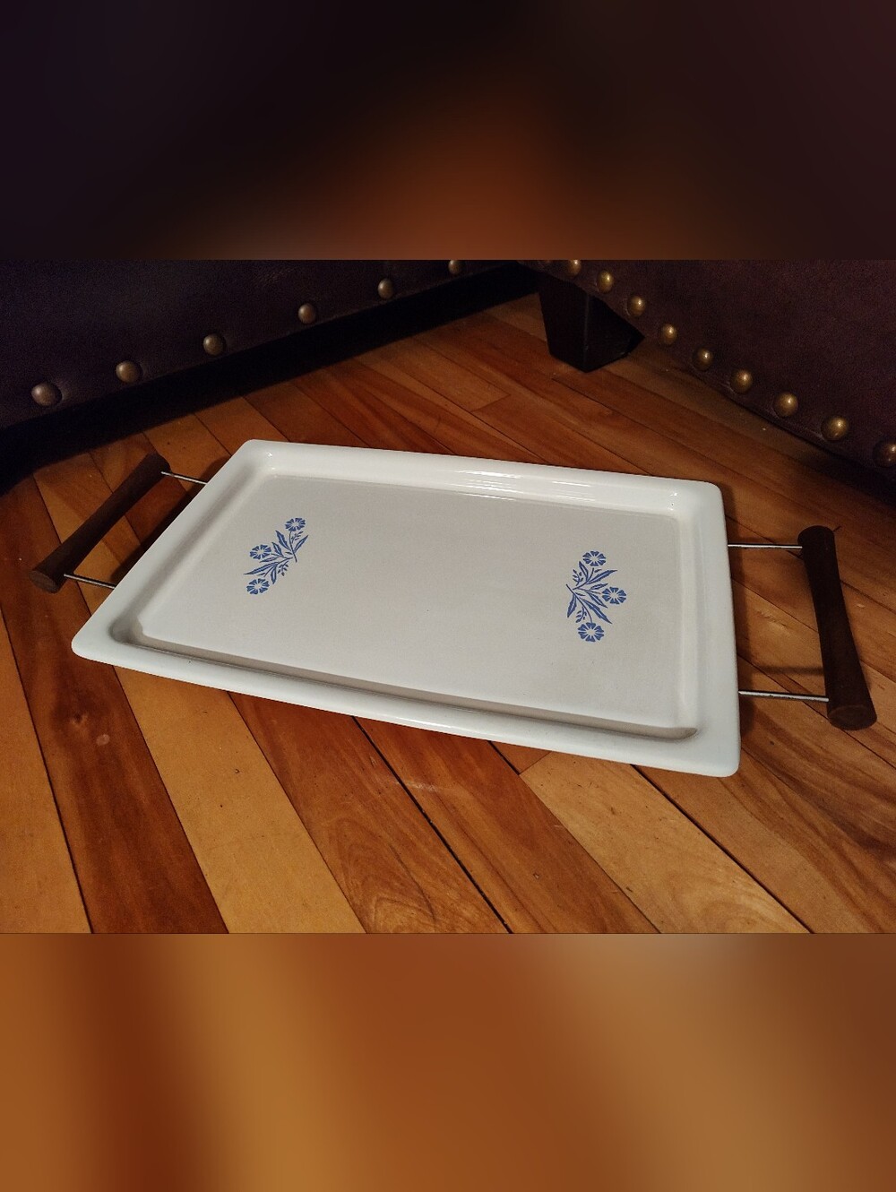 CORNING WARE Blue Cornflower Serving Tray 16" x 10” & Cradle. P-35-B. USA Made.
